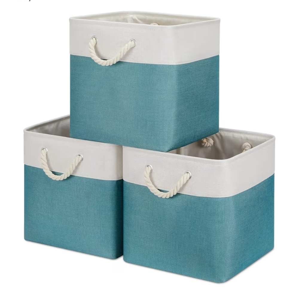 Target Teal and White Fabric Storage Bins with Rope Handles (Set of 3)